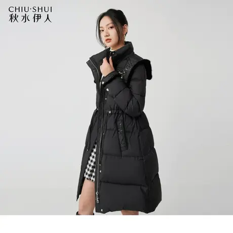 秋水伊人设计感黑色中长款羽绒服2023冬季新款女大翻领抽绳厚外套图片
