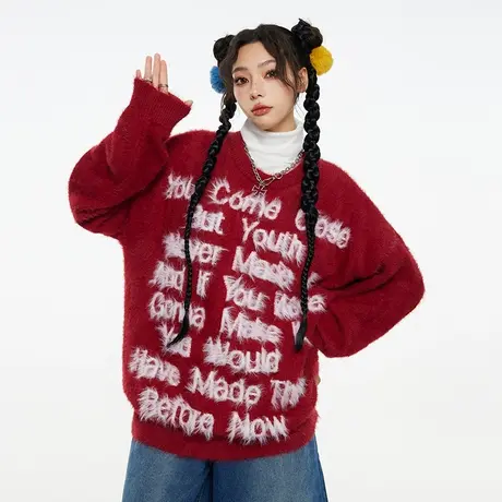 宽松龙年新年加厚红色圆领毛衣男冬季套头潮流内搭针织衫过年衣服图片