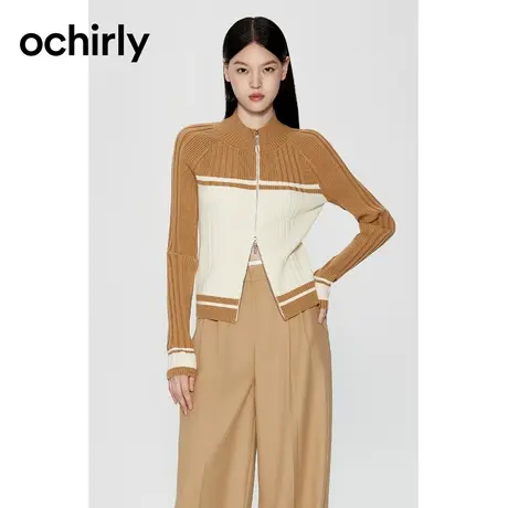 ochirly欧时力 撞色运动风针织外套女2023新款秋装毛衣休闲复古商品大图