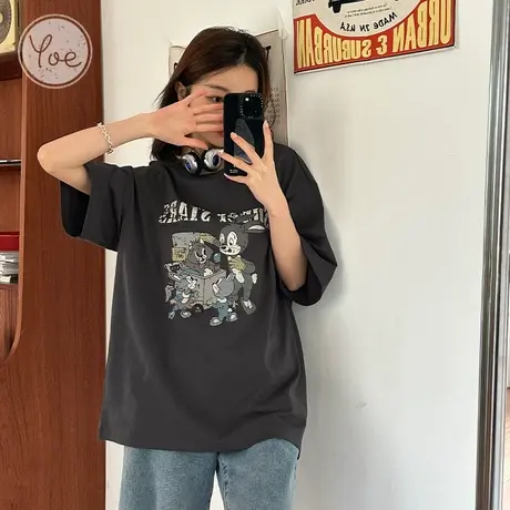 yoe美式复古潮牌女装卡通休闲小众黑色oversize纯棉短袖t恤女上衣商品大图