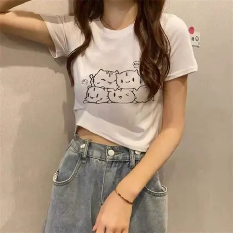 短袖t恤女夏季新款韩版学生卡通印花短款上衣修身显瘦百搭打底衫商品大图