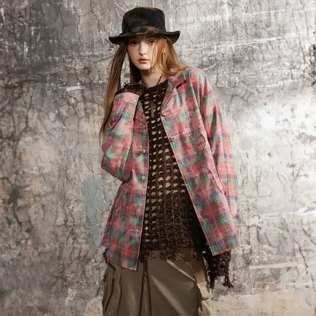 复古破洞格子衬衫女2024春季新款设计感潮牌衬衣宽松oversize上衣图片