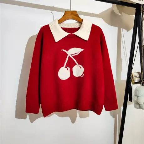 Polo领红色毛衣女秋冬2024新年红色大樱桃打底内搭针织衫上衣外穿商品大图