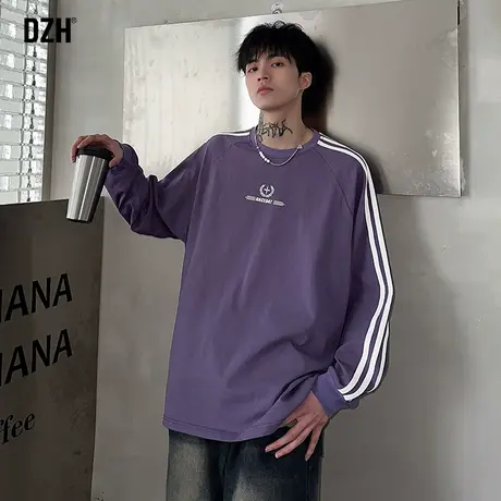 男生印花圆领t恤男长袖纯棉2024新款春季插肩袖卫衣美式复古上衣商品大图