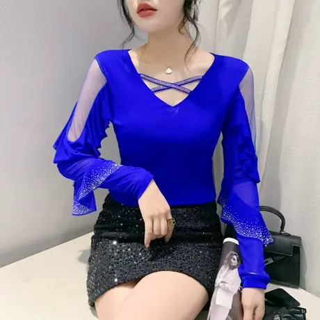 性感网纱打底衫春秋新款气质荷叶边T恤女长袖洋气镂空V领修身上衣商品大图