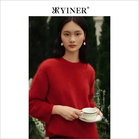 【中国红】YINER音儿女装冬季安可拉红羊绒针织衫套头上衣商品大图