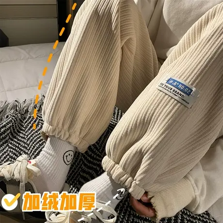 灯芯绒裤子女宽松束脚运动裤秋冬加绒加厚高腰直筒休闲卫裤潮ins商品大图