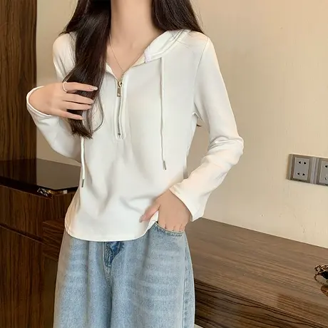 韩潮袭人时尚百搭显瘦白色连帽卫衣女半开领长袖T恤上衣图片