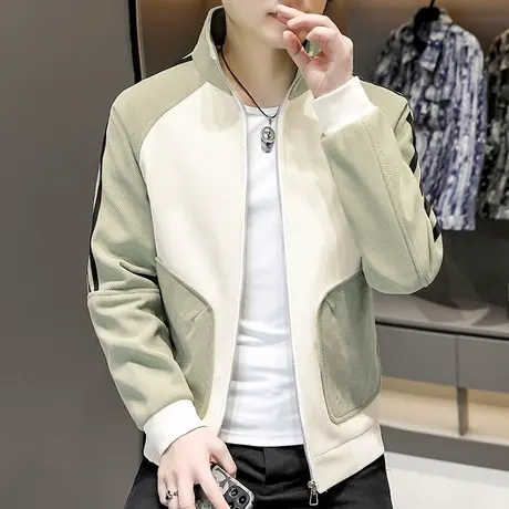 痞帅休闲夹克男立领工装褂子春季时尚拼接撞色男款飞行棒球服外套图片