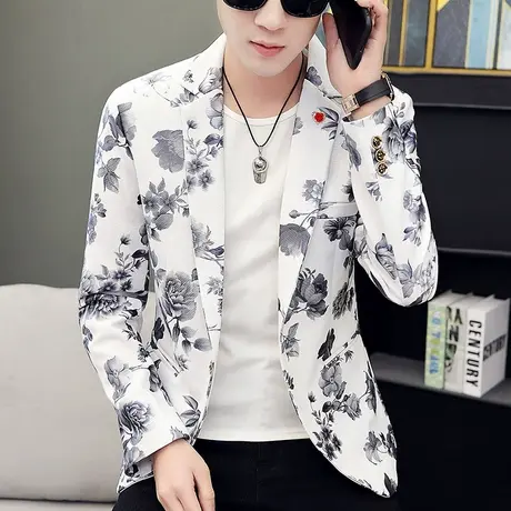 男士痞帅个性大花西装外套潮流秋季时尚休闲男装上衣2022新款西服商品大图
