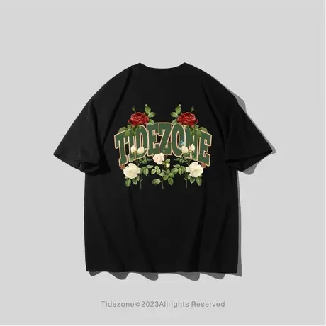 Ohlyah玫瑰花短袖t恤男女夏季纯棉重磅美式高街印花情侣字母体恤商品大图