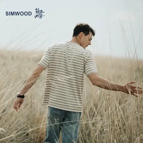 Simwood简木丹宁【宽松版型】新品280g重磅复古条纹圆领短袖T恤图片