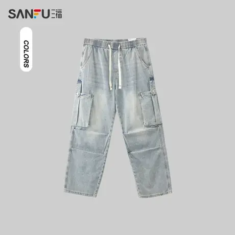 三福2024夏季男士复古工装牛仔裤 街头潮流宽松直筒长裤483212商品大图