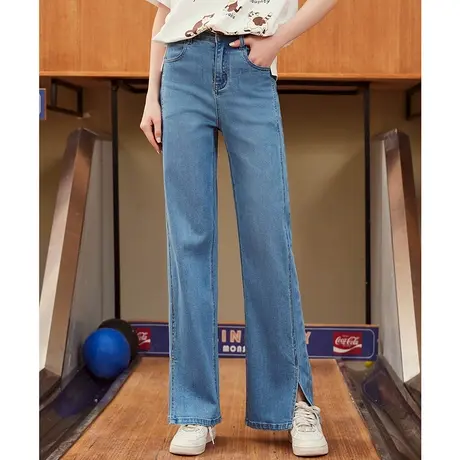 a02夏季休闲开叉高腰直筒拖地裤个性百搭女式牛仔裤图片