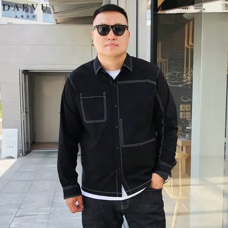 秋新款扎明线工装潮胖子大号加肥加大码男士长袖厚料衬衫衬衣外套商品大图