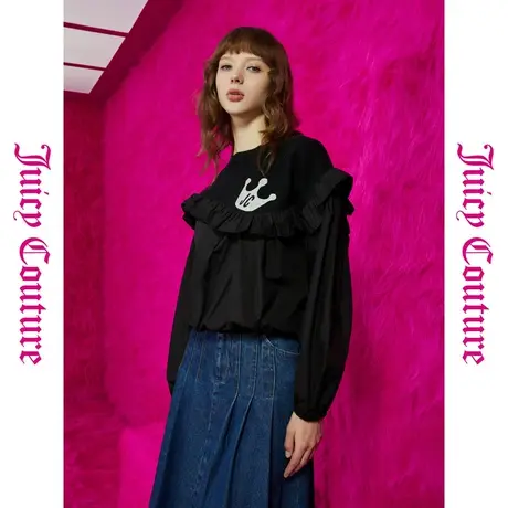 Juicy Couture橘滋夜间独白针毡绣荷叶拼接女式上衣商品大图