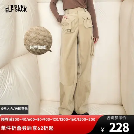 妖精的口袋直筒加绒工装裤女2023冬季新款高腰垂坠感宽松显瘦长裤商品大图