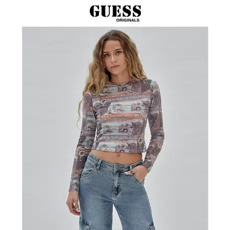 GUESS ORIGINALS23新秋女士美式复古印花打底衫设计感薄款长袖T恤图片