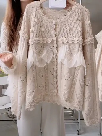 奶系设计感温柔软糯毛衣2023早秋新款木耳边立体钩花针织开衫上衣商品大图