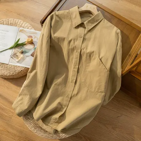 全棉衬衫女文艺复古宽松工装上衣纯色长袖百搭衬衣女2022春秋新款图片