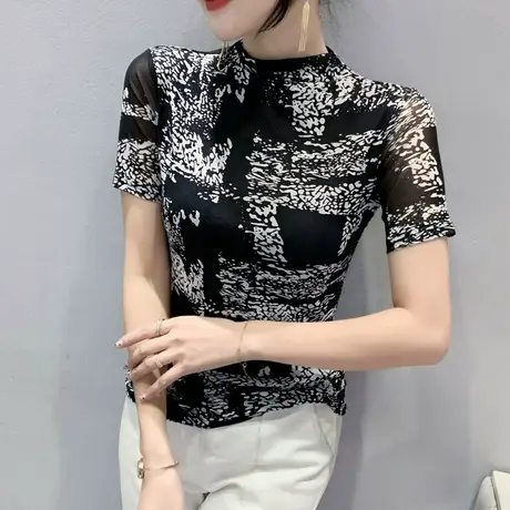 性感网纱短袖上衣女欧货2023新款内搭半高领打底衫印花修身T恤ins商品大图