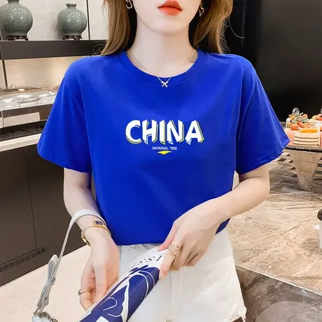 2023年新款国潮克莱因蓝短袖t恤女夏季纯棉休闲宽松半袖上衣ins潮商品大图