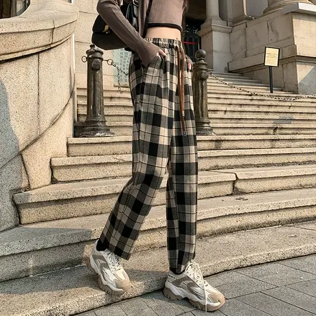 欧洲站松紧腰卡其拼色焦糖格子长裤女秋冬萝卜裤小个子休闲阔腿裤商品大图