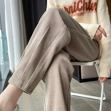 咖色灯芯绒裤子女哈伦2023年春秋新款高腰直筒宽松休闲九分萝卜裤图片