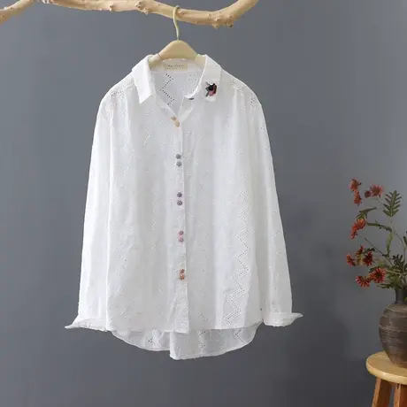 文艺清新短款衬衫女2023春秋新品白衬衣镂空长袖刺绣打底衫上衣商品大图