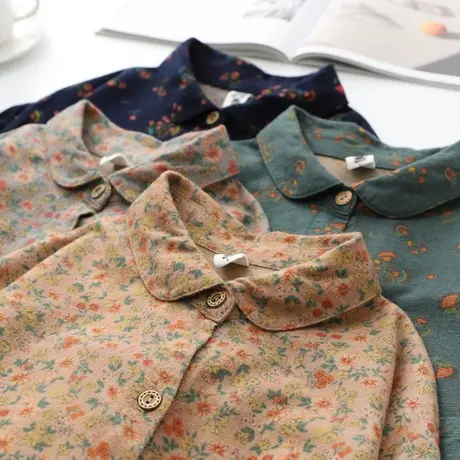 春秋季新款日系复古文艺小清新碎花衬衫女纯棉双层纱宽松打底衬衣图片