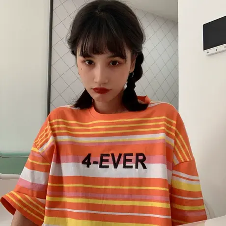 欧货2020早春短袖t恤女条纹宽松韩版ins洋气原宿bf慵懒风上衣服潮图片