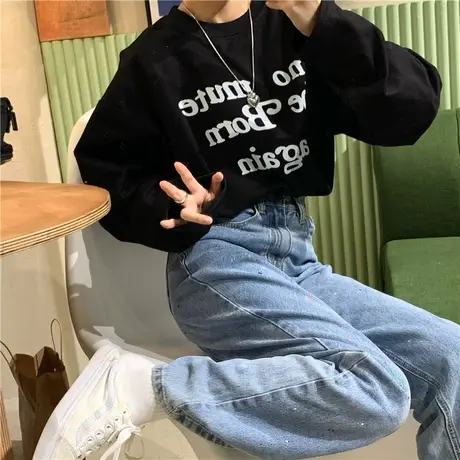 原创~2023春秋新款韩版百搭字母宽松长袖套头圆领卫衣女上衣ins商品大图