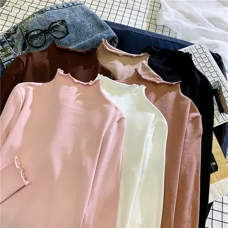 秋冬新款半高领木耳边薄款打底衫长袖t恤女2023ins潮内搭白色洋气商品大图