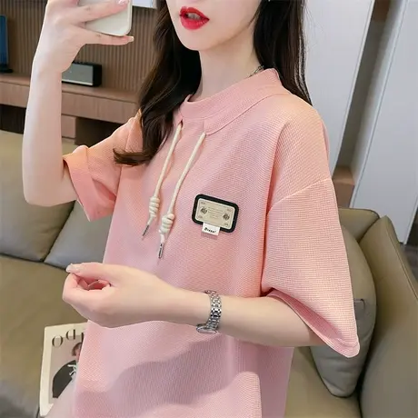 设计感小众华夫格短袖t恤女夏季韩版宽松大码个性百搭绑带上衣服图片
