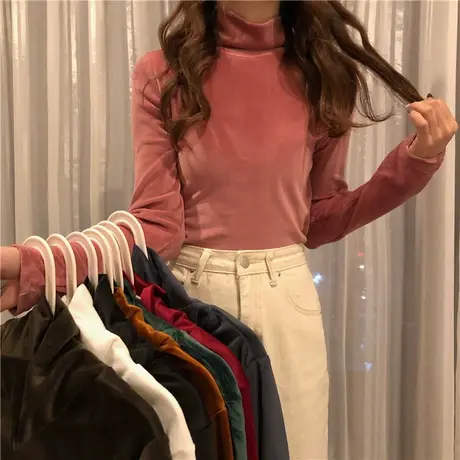 秋冬金丝绒加绒打底衫女装德绒加厚长袖时尚百搭洋气高领内搭上衣商品大图
