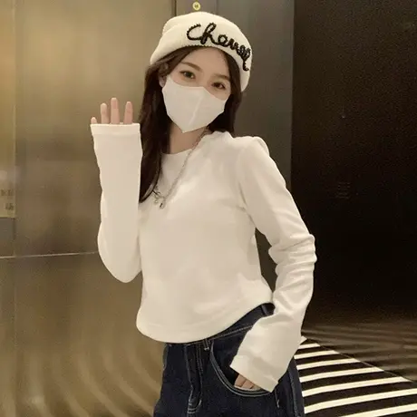 纯棉打底衫女秋冬修身韩系长袖t恤小众设计感辣妹短款内搭上衣ins商品大图