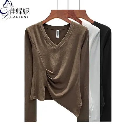 春秋新款韩版V领褶皱修身纯棉纯色不规则长袖体恤上衣内搭女打底商品大图