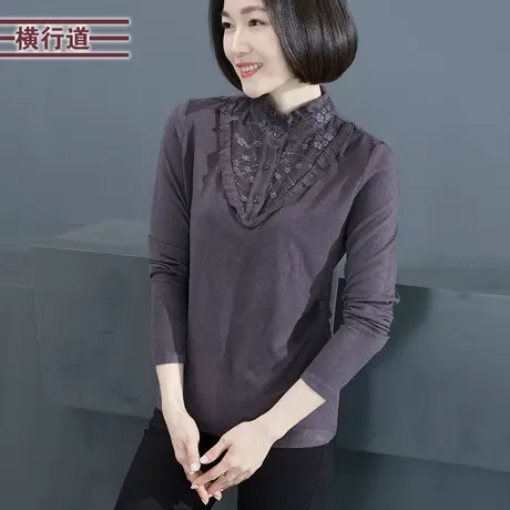 2023新款冬装立领拼蕾丝中年妈妈长袖T恤女装简约大码打底衫上衣商品大图