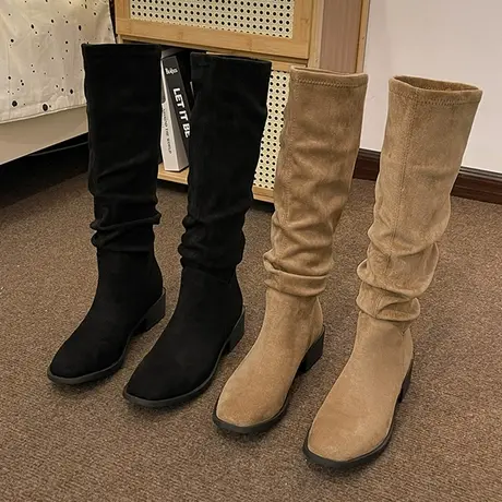 堆堆靴女骑士靴复古绒面粗跟尖头2023夏季新款棕色皱褶高筒长靴秋商品大图
