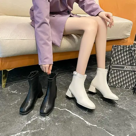 方头瘦瘦靴女粗跟2023年秋冬季新款短筒显瘦切尔西靴软皮百搭短靴商品大图