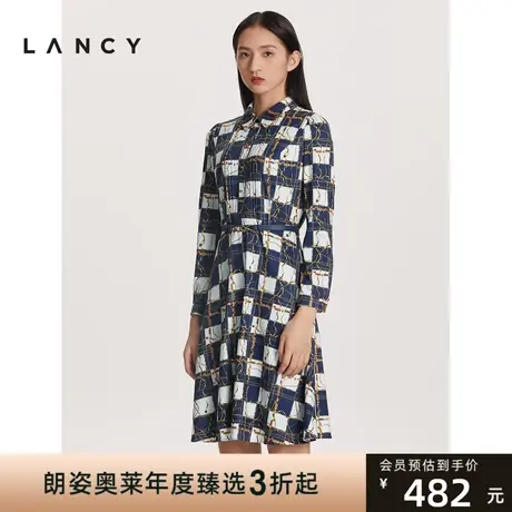 朗姿清仓特卖商场同款格子印花连衣裙中长款收腰显瘦裙商品大图