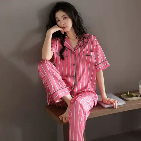 婷美凉感睡衣女士冰丝短袖简约条纹开衫春夏天可外穿家居服两件套商品大图