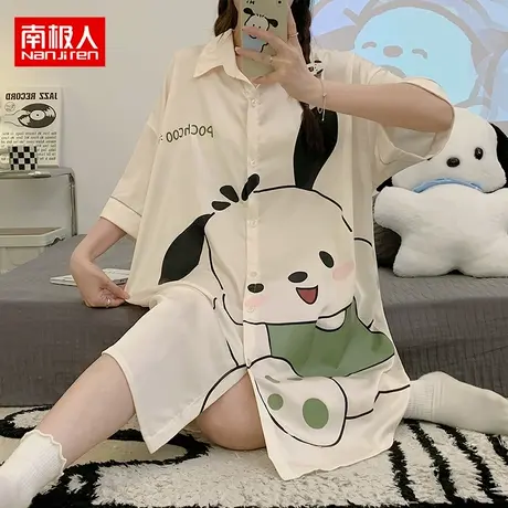 南极人睡裙女夏季短袖薄款网红风睡衣女夏天大码孕妇高级感家居服图片