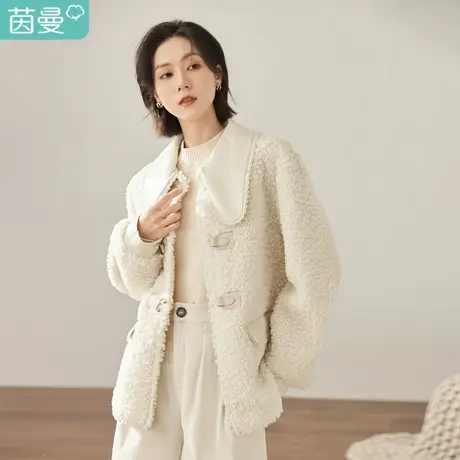 茵曼2023冬女装新款简约时尚大翻领设计皮袢扣装饰宽松外套上衣图片