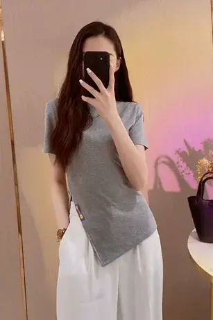开叉短袖t恤女夏装2023新款韩版设计感小众修身显瘦打底上衣ins潮商品大图