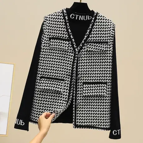 名媛风千鸟格子背心网红马夹潮流外穿韩版坎肩百搭小个子马甲外套商品大图