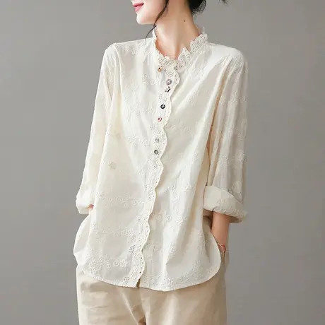 dza 复古刺绣立领长袖衬衫女士2023春季新款宽松衬衣休闲气质上衣图片