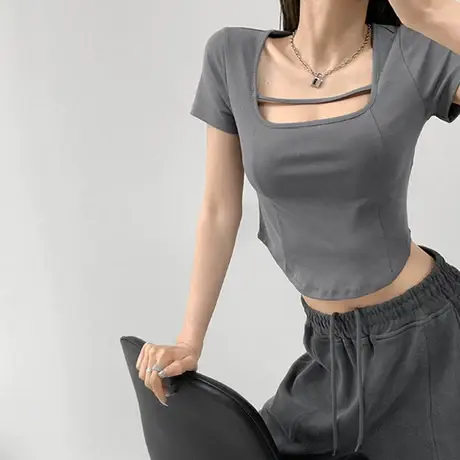 设计感chic短袖T恤女夏季方领打底衫辣妹修身短款露脐别致上衣潮商品大图