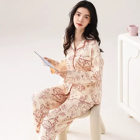 猫人睡衣女春秋季长袖开衫纯棉款套装秋冬季休闲大码可外穿两件套商品大图