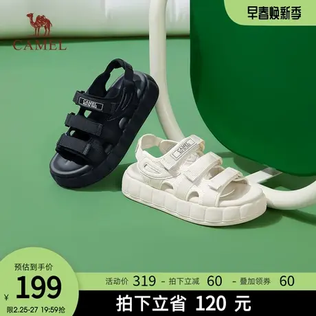 骆驼女鞋2024春夏新款休闲厚底运动凉鞋女平底魔术贴时尚沙滩鞋图片